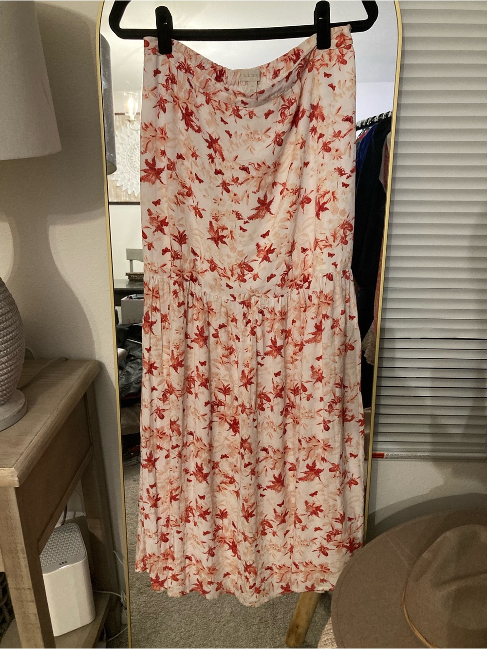 hinge Cream Maxi Dress with Red Floral Pattern